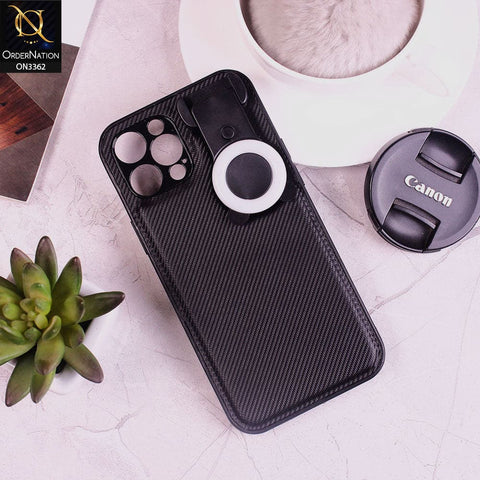 iPhone 12 Pro Max Cover - Black - New Soft Borders Carbon Fiber Texture Chargeable LED Selfie Ring Light Camera Protection Case