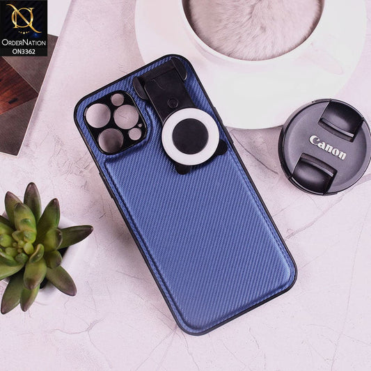 iPhone 12 Pro Max Cover - Blue - New Soft Borders Carbon Fiber Texture Chargeable LED Selfie Ring Light Camera Protection Case