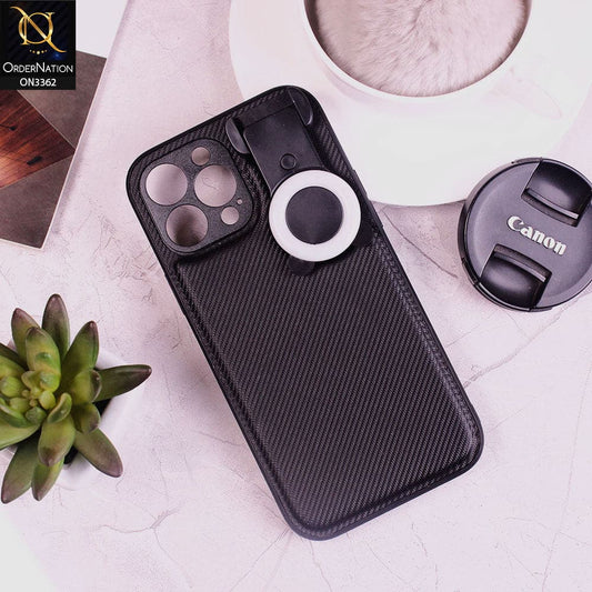 iPhone 13 Pro Max Cover - Black - New Soft Borders Carbon Fiber Texture Chargeable LED Selfie Ring Light Camera Protection Case
