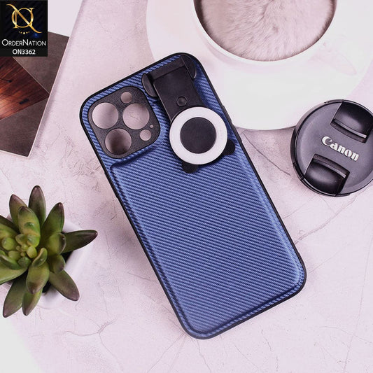 iPhone 13 Pro Max Cover - Blue - New Soft Borders Carbon Fiber Texture Chargeable LED Selfie Ring Light Camera Protection Case