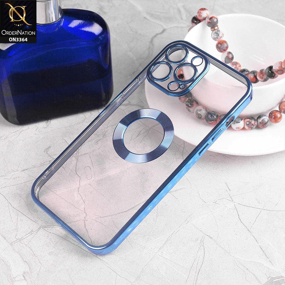 iPhone 13 Pro Cover - Blue - Shiny Electroplated Borders Clear Transparent Logo Hole Soft Case With Camera Protection
