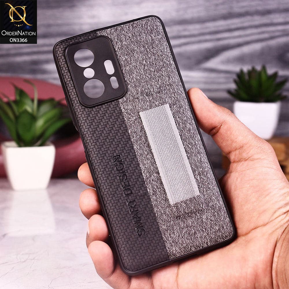 Xiaomi 11T Cover - Black - Soft TPU Dual Leather Texture Anti-Slip Finger Grip Holder Protective Case