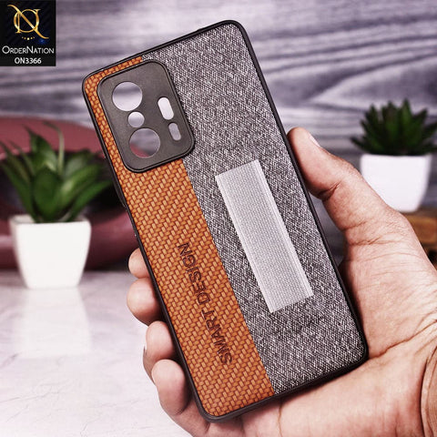 Xiaomi 11T Pro Cover - Brown - Soft TPU Dual Leather Texture Anti-Slip Finger Grip Holder Protective Case