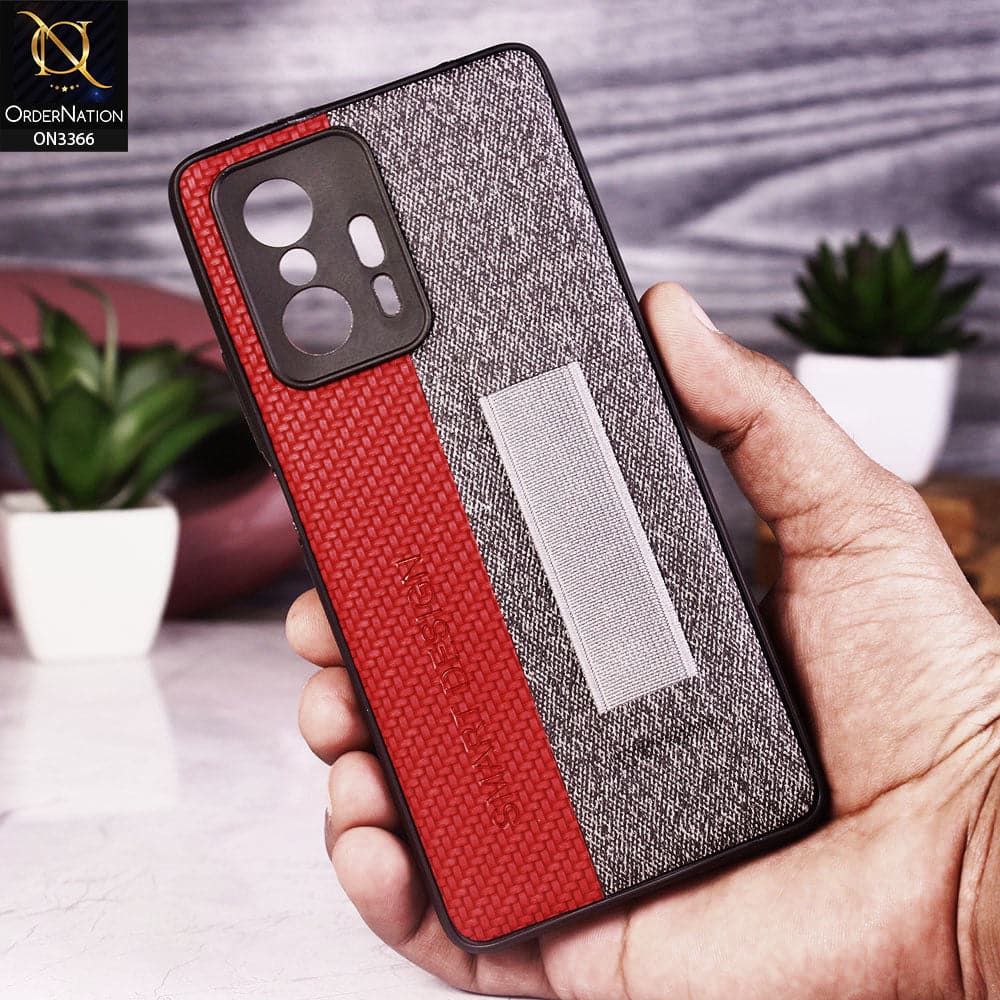 Xiaomi 11T Pro Cover - Red - Soft TPU Dual Leather Texture Anti-Slip Finger Grip Holder Protective Case