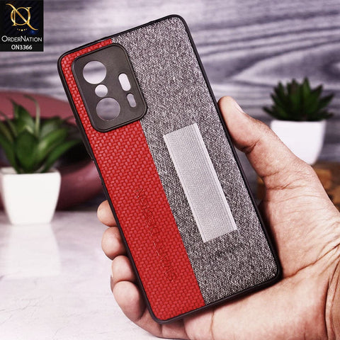 Xiaomi 11T Pro Cover - Red - Soft TPU Dual Leather Texture Anti-Slip Finger Grip Holder Protective Case