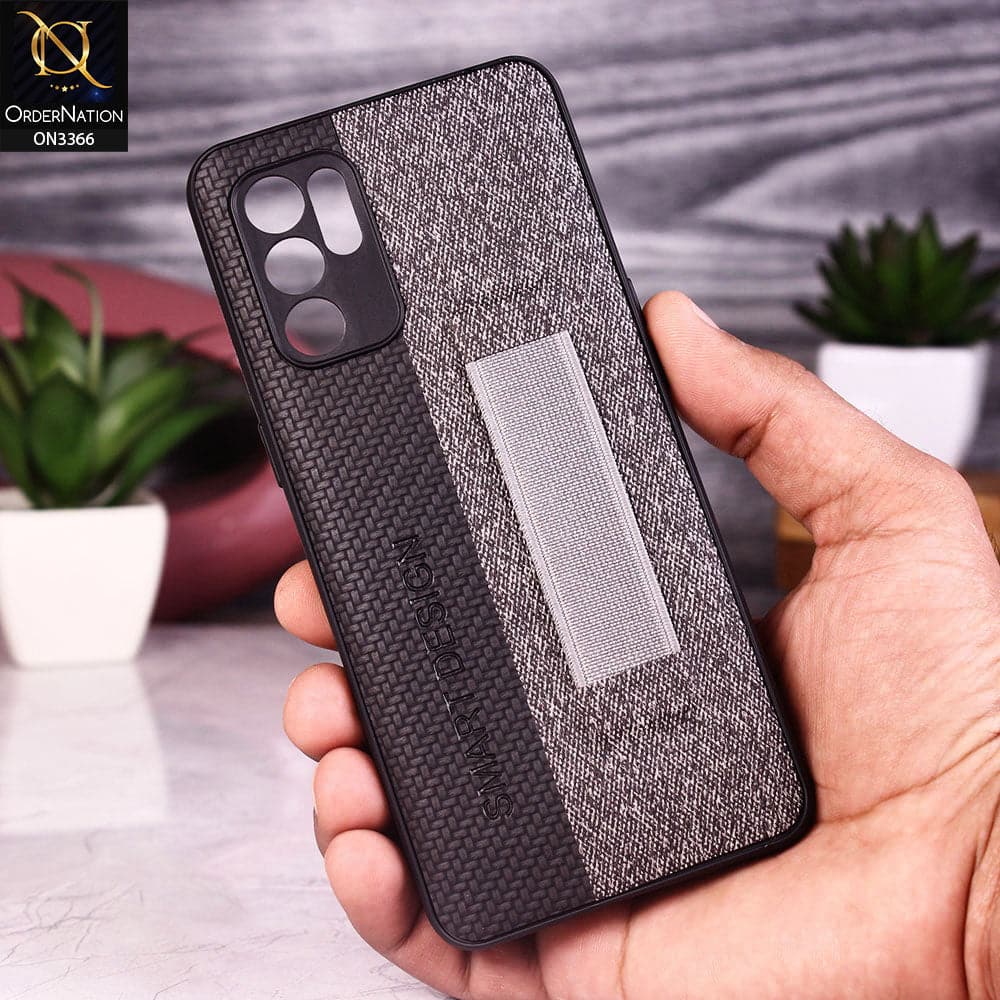 Oppo Reno 6 Cover - Black - Soft TPU Dual Leather Texture Anti-Slip Finger Grip Holder Protective Case