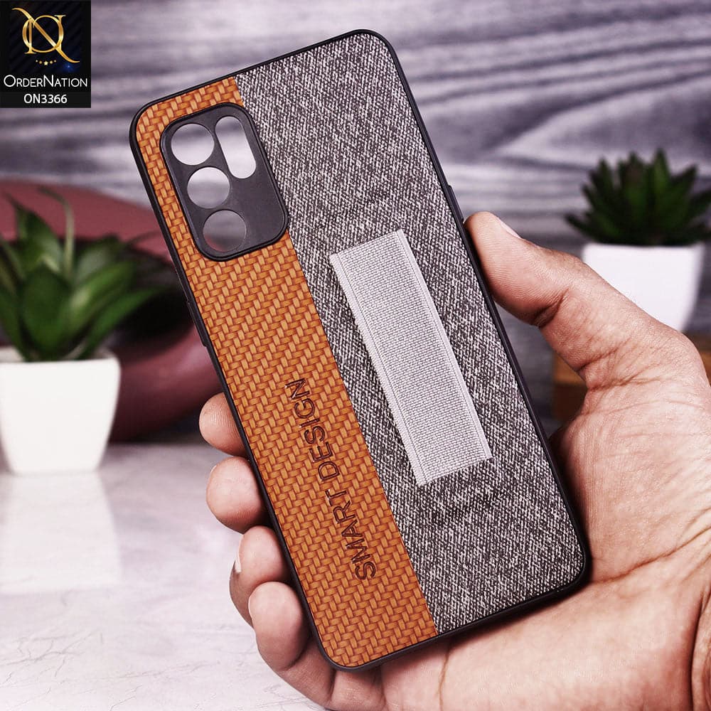 Oppo Reno 6 Cover - Brown - Soft TPU Dual Leather Texture Anti-Slip Finger Grip Holder Protective Case