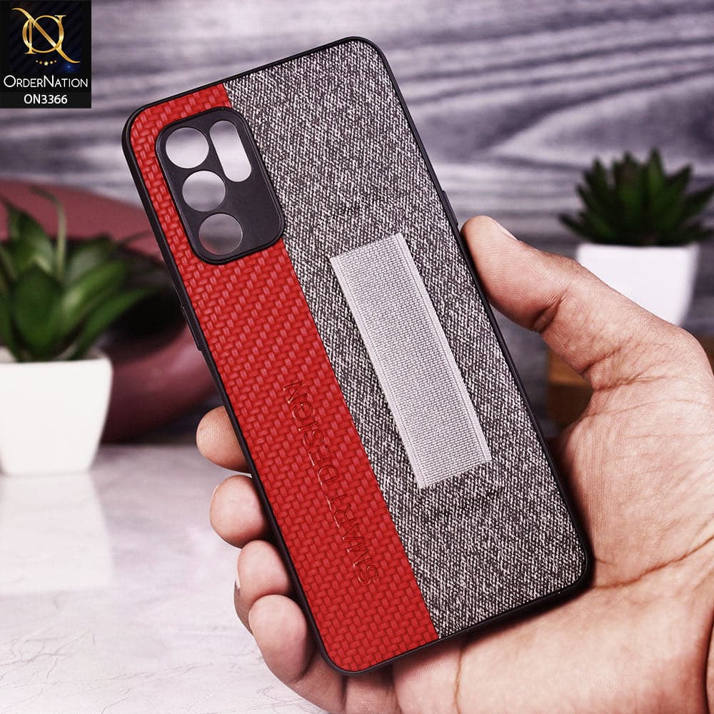 Oppo Reno 6 Cover - Red - Soft TPU Dual Leather Texture Anti-Slip Finger Grip Holder Protective Case