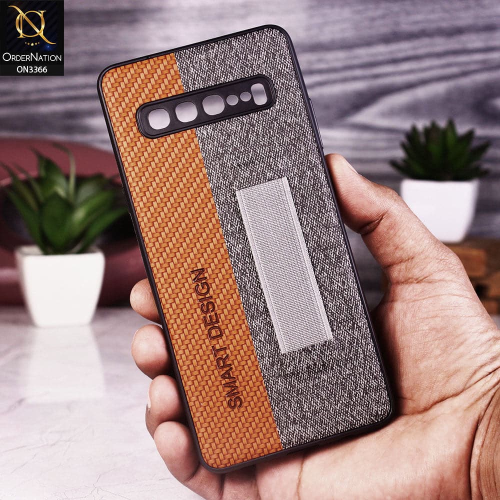Samsung Galaxy S10 5G Cover - Brown - Soft TPU Dual Leather Texture Anti-Slip Finger Grip Holder Protective Case