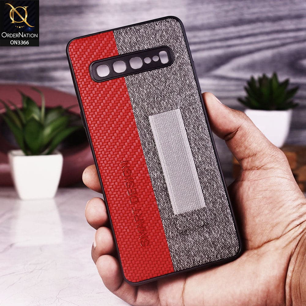 Samsung Galaxy S10 5G Cover - Red - Soft TPU Dual Leather Texture Anti-Slip Finger Grip Holder Protective Case