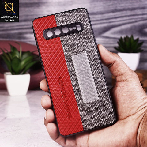 Samsung Galaxy S10 5G Cover - Red - Soft TPU Dual Leather Texture Anti-Slip Finger Grip Holder Protective Case