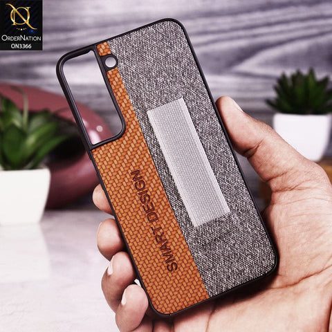 Samsung Galaxy S22 Plus 5G Cover - Brown - Soft TPU Dual Leather Texture Anti-Slip Finger Grip Holder Protective Case