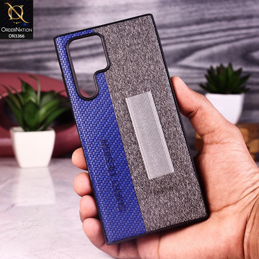 Samsung Galaxy S22 Ultra 5G Cover - Blue - Soft TPU Dual Leather Texture Anti-Slip Finger Grip Holder Protective Case