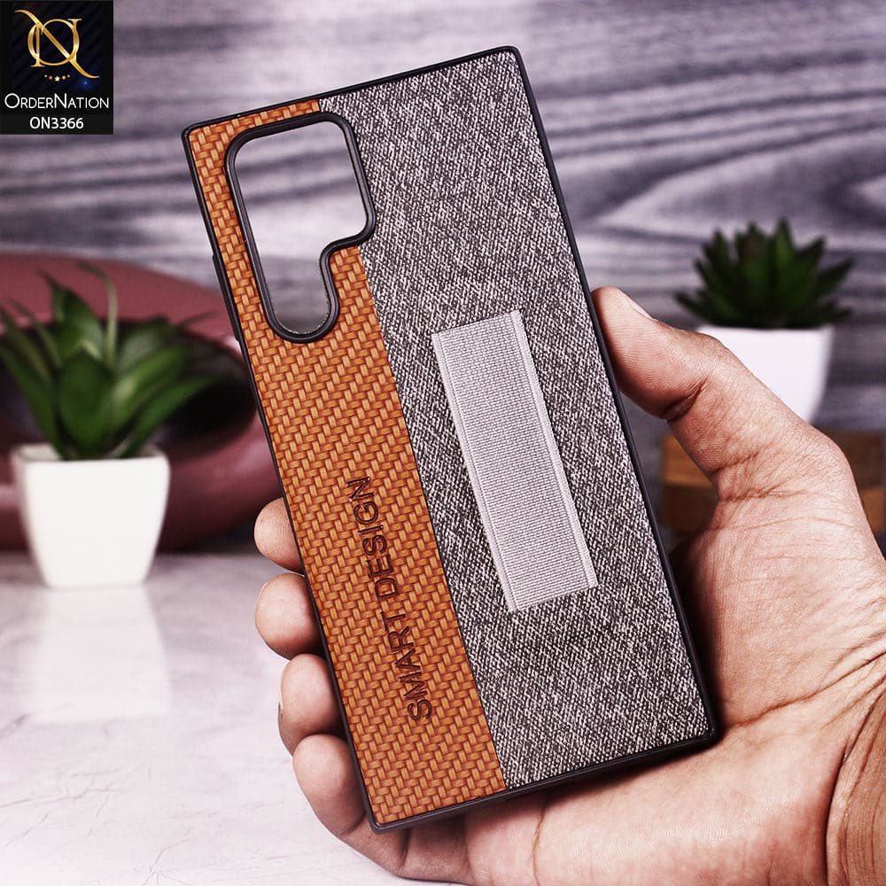 Samsung Galaxy S22 Ultra 5G Cover - Brown - Soft TPU Dual Leather Texture Anti-Slip Finger Grip Holder Protective Case