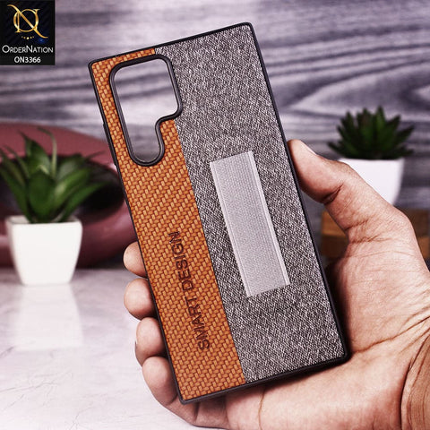 Samsung Galaxy S22 Ultra 5G Cover - Brown - Soft TPU Dual Leather Texture Anti-Slip Finger Grip Holder Protective Case