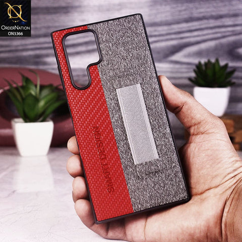 Samsung Galaxy S22 Ultra 5G Cover - Red - Soft TPU Dual Leather Texture Anti-Slip Finger Grip Holder Protective Case