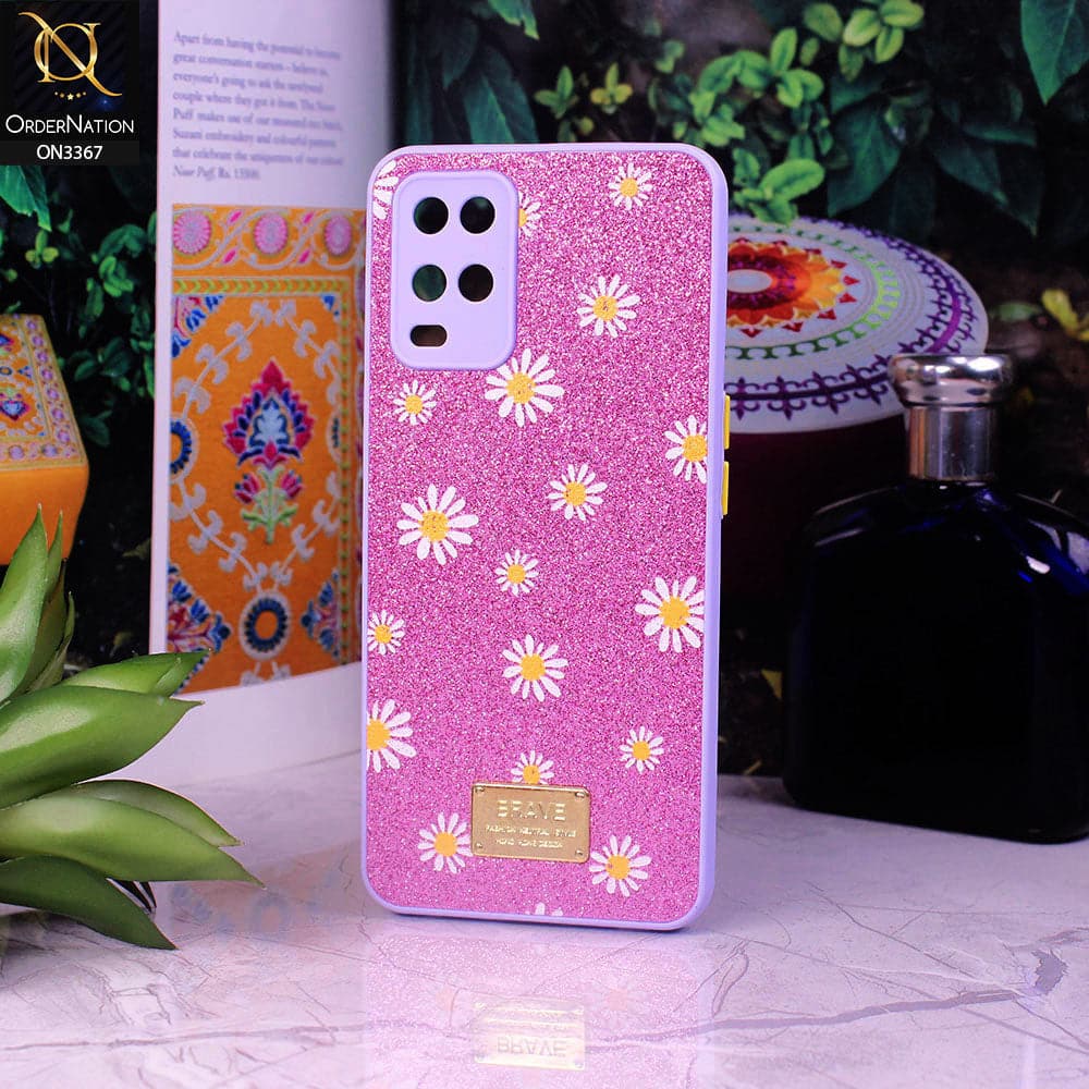 Oppo A54 4G Cover - Purple - Bling Sparkle Glitter Flower Back Shell Soft Border Case with Camera Protection