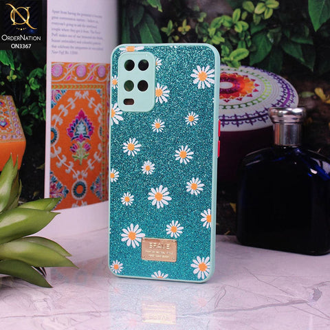 Oppo A54 4G Cover - Sea Green - Bling Sparkle Glitter Flower Back Shell Soft Border Case with Camera Protection