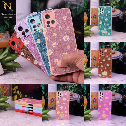 Vivo Y33T Cover - Sea Green - Bling Sparkle Glitter Flower Back Shell Soft Border Case with Camera Protection