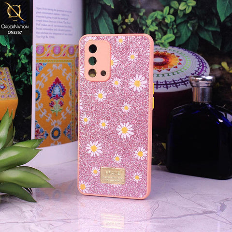 Oppo A74 Cover - Pink - Bling Sparkle Glitter Flower Back Shell Soft Border Case with Camera Protection