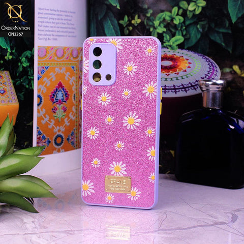 Oppo F19 Cover - Purple - Bling Sparkle Glitter Flower Back Shell Soft Border Case with Camera Protection