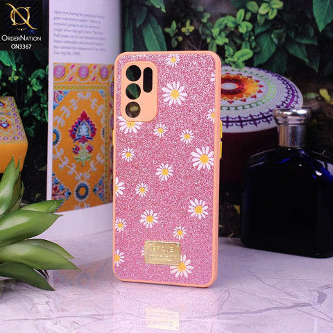 Oppo Reno 6 Cover - Pink - Bling Sparkle Glitter Flower Back Shell Soft Border Case with Camera Protection