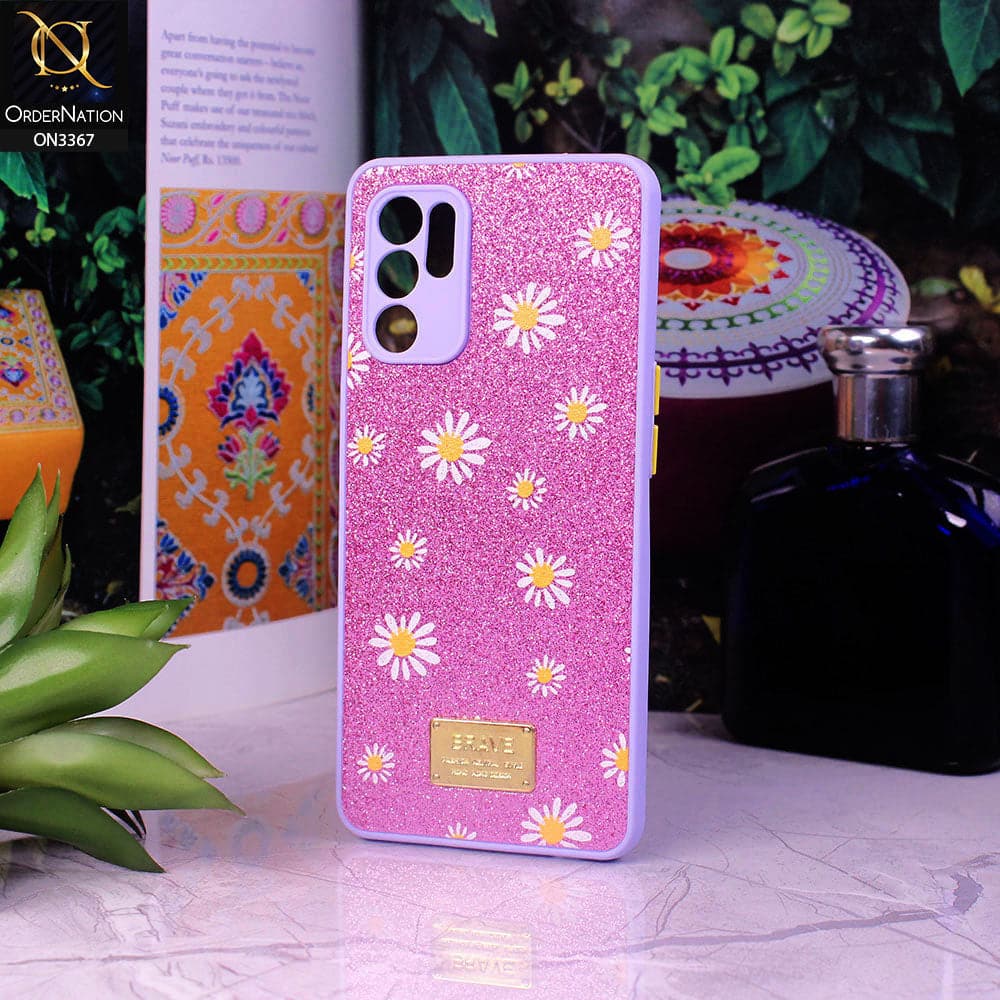 Oppo Reno 6 Cover - Purple - Bling Sparkle Glitter Flower Back Shell Soft Border Case with Camera Protection