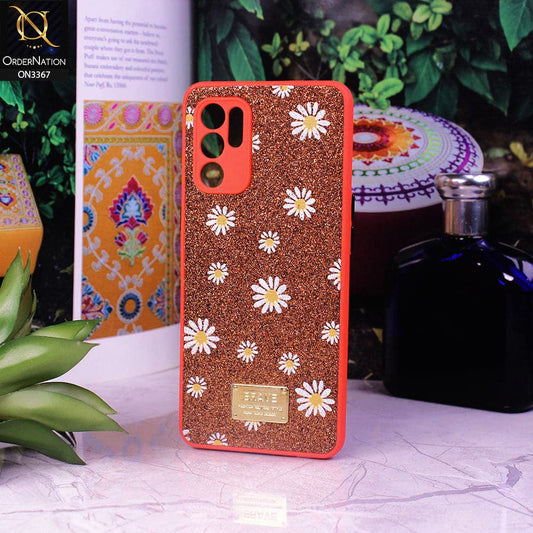 Oppo Reno 6 Cover - Red - Bling Sparkle Glitter Flower Back Shell Soft Border Case with Camera Protection