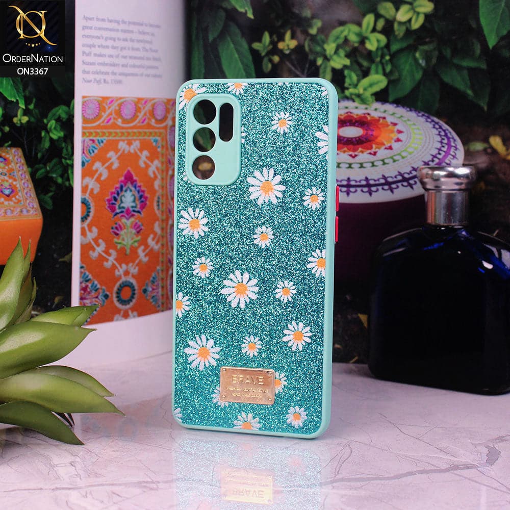 Oppo Reno 6 Cover - Sea Green - Bling Sparkle Glitter Flower Back Shell Soft Border Case with Camera Protection