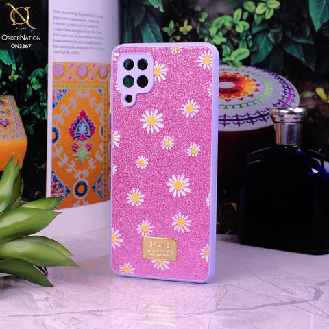 Samsung Galaxy A12 Cover - Purple - Bling Sparkle Glitter Flower Back Shell Soft Border Case with Camera Protection