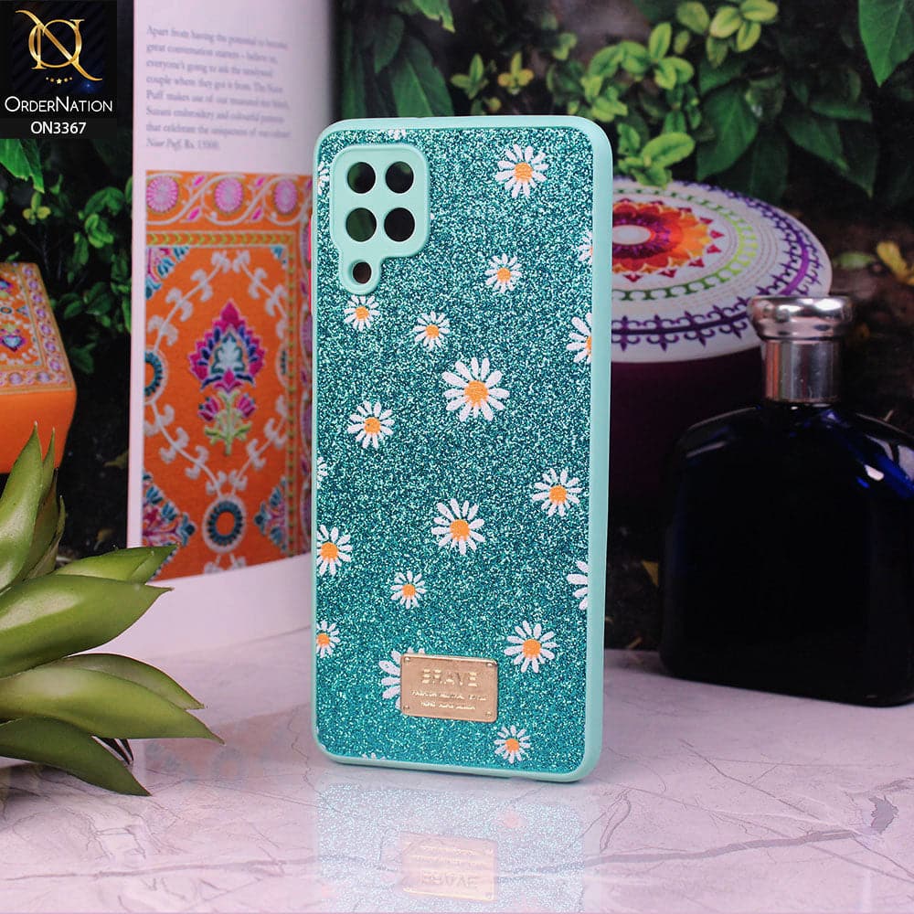 Samsung Galaxy A12 Cover - Sea Green - Bling Sparkle Glitter Flower Back Shell Soft Border Case with Camera Protection