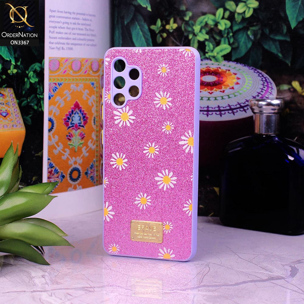 Samsung Galaxy A32 Cover - Purple - Bling Sparkle Glitter Flower Back Shell Soft Border Case with Camera Protection