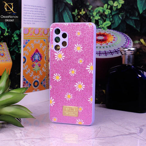 Samsung Galaxy A32 Cover - Purple - Bling Sparkle Glitter Flower Back Shell Soft Border Case with Camera Protection