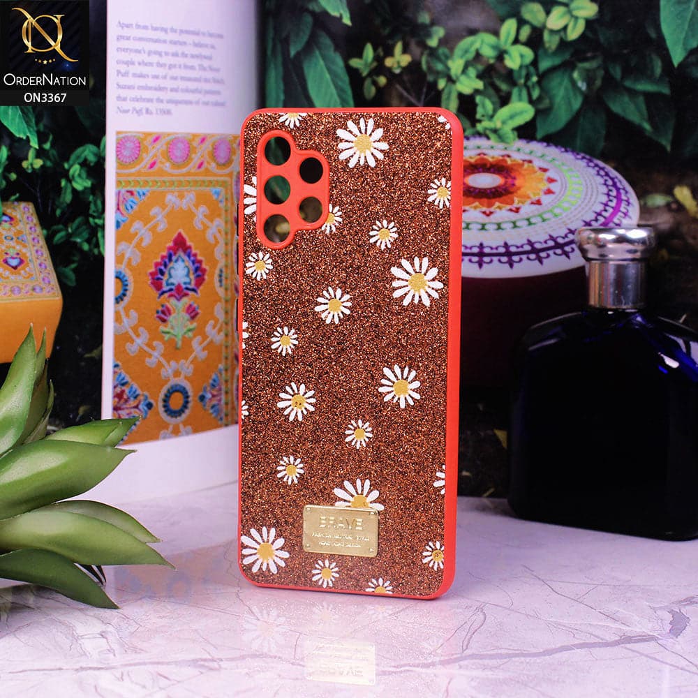 Samsung Galaxy A32 Cover - Red - Bling Sparkle Glitter Flower Back Shell Soft Border Case with Camera Protection