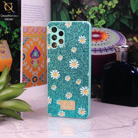 Samsung Galaxy A32 Cover - Sea Green - Bling Sparkle Glitter Flower Back Shell Soft Border Case with Camera Protection
