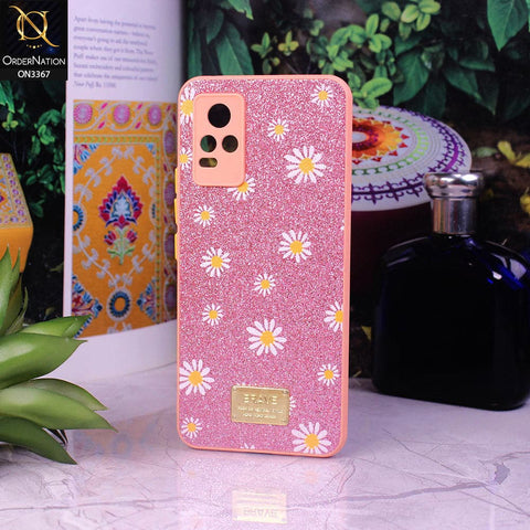 Vivo V21e Cover - Pink - Bling Sparkle Glitter Flower Back Shell Soft Border Case with Camera Protection