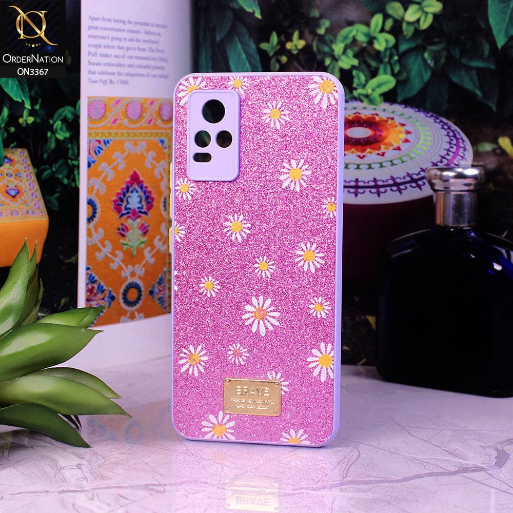 Vivo V21e Cover - Purple - Bling Sparkle Glitter Flower Back Shell Soft Border Case with Camera Protection