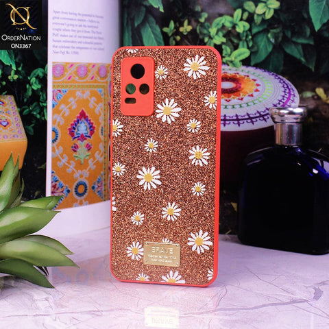 Vivo V21e Cover - Red - Bling Sparkle Glitter Flower Back Shell Soft Border Case with Camera Protection