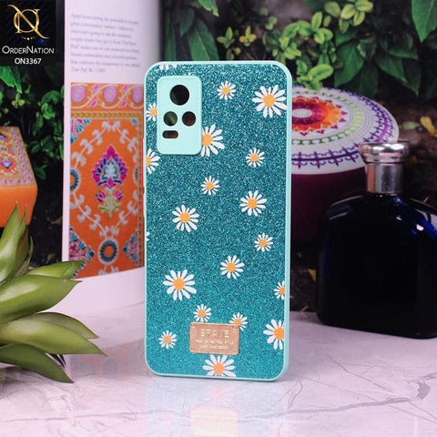 Vivo V21e Cover - Sea Green - Bling Sparkle Glitter Flower Back Shell Soft Border Case with Camera Protection