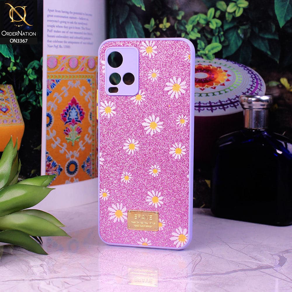 Vivo Y33s Cover - Purple - Bling Sparkle Glitter Flower Back Shell Soft Border Case with Camera Protection