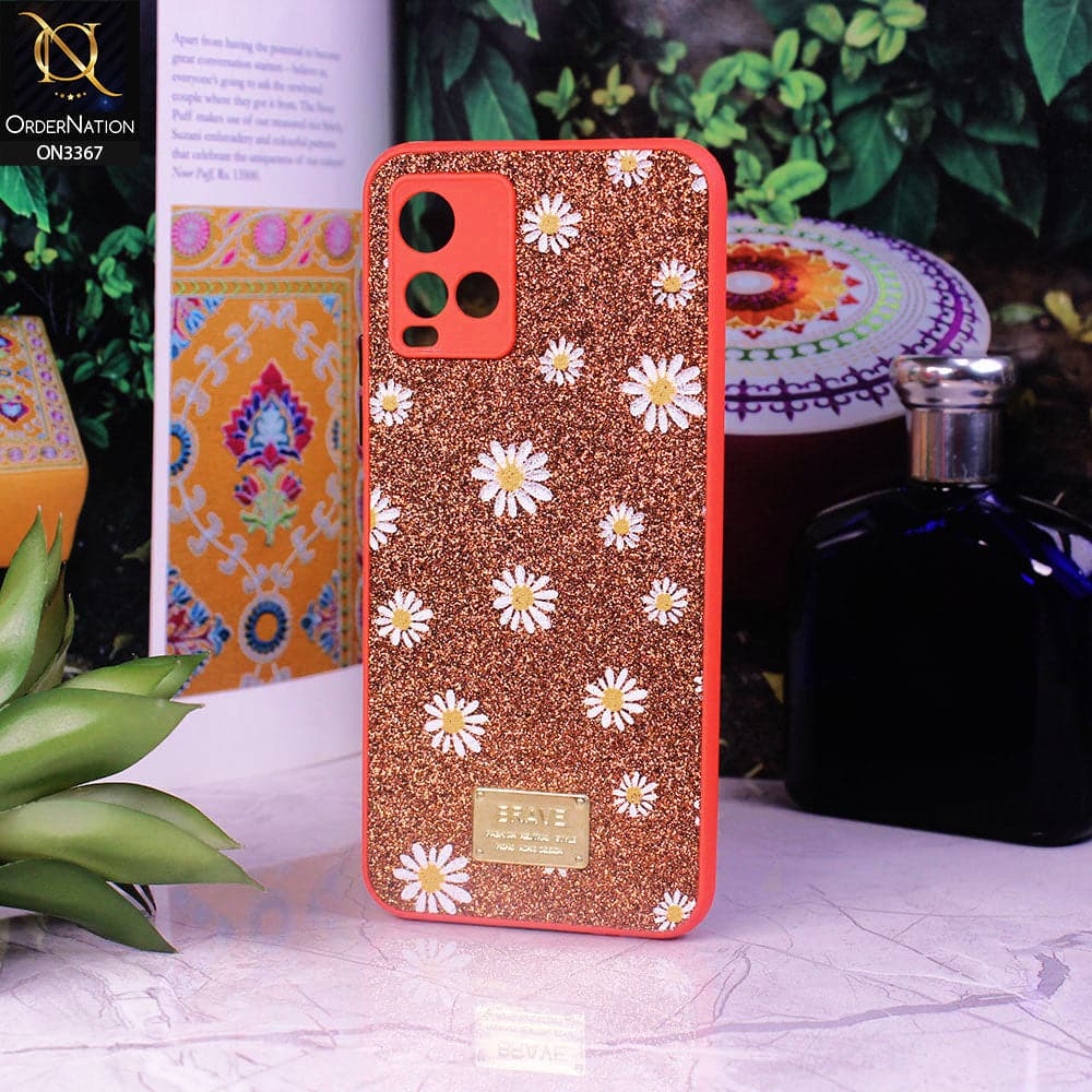 Vivo Y21t Cover - Red - Bling Sparkle Glitter Flower Back Shell Soft Border Case with Camera Protection