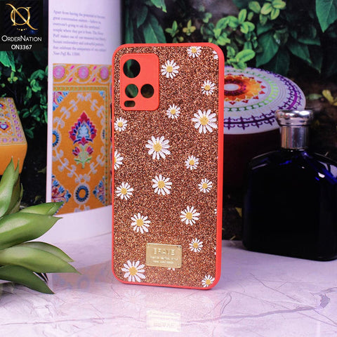 Vivo Y21t Cover - Red - Bling Sparkle Glitter Flower Back Shell Soft Border Case with Camera Protection