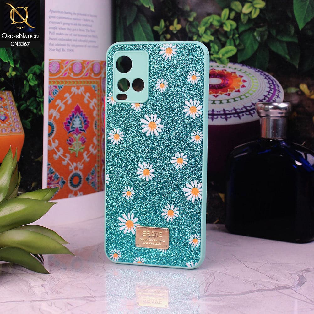 Vivo Y33T Cover - Sea Green - Bling Sparkle Glitter Flower Back Shell Soft Border Case with Camera Protection