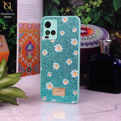 Vivo Y33T Cover - Sea Green - Bling Sparkle Glitter Flower Back Shell Soft Border Case with Camera Protection
