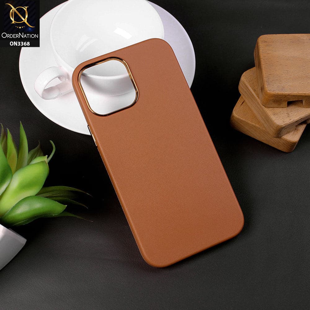 iPhone 12 Pro Max Cover - Brown - Electroplated Camera Ring leather Texture Soft Case
