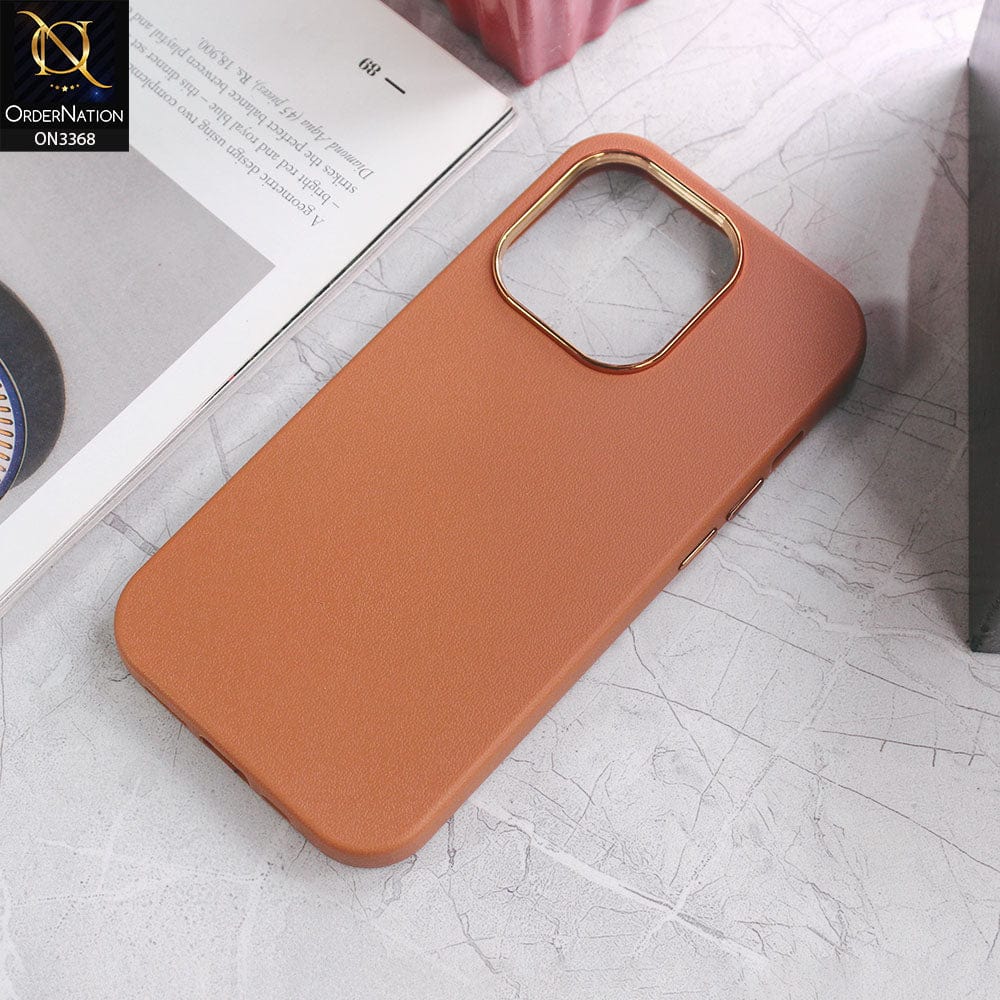 iPhone 14 Pro Max Cover - Brown - Electroplated Camera Ring leather Texture Soft Case