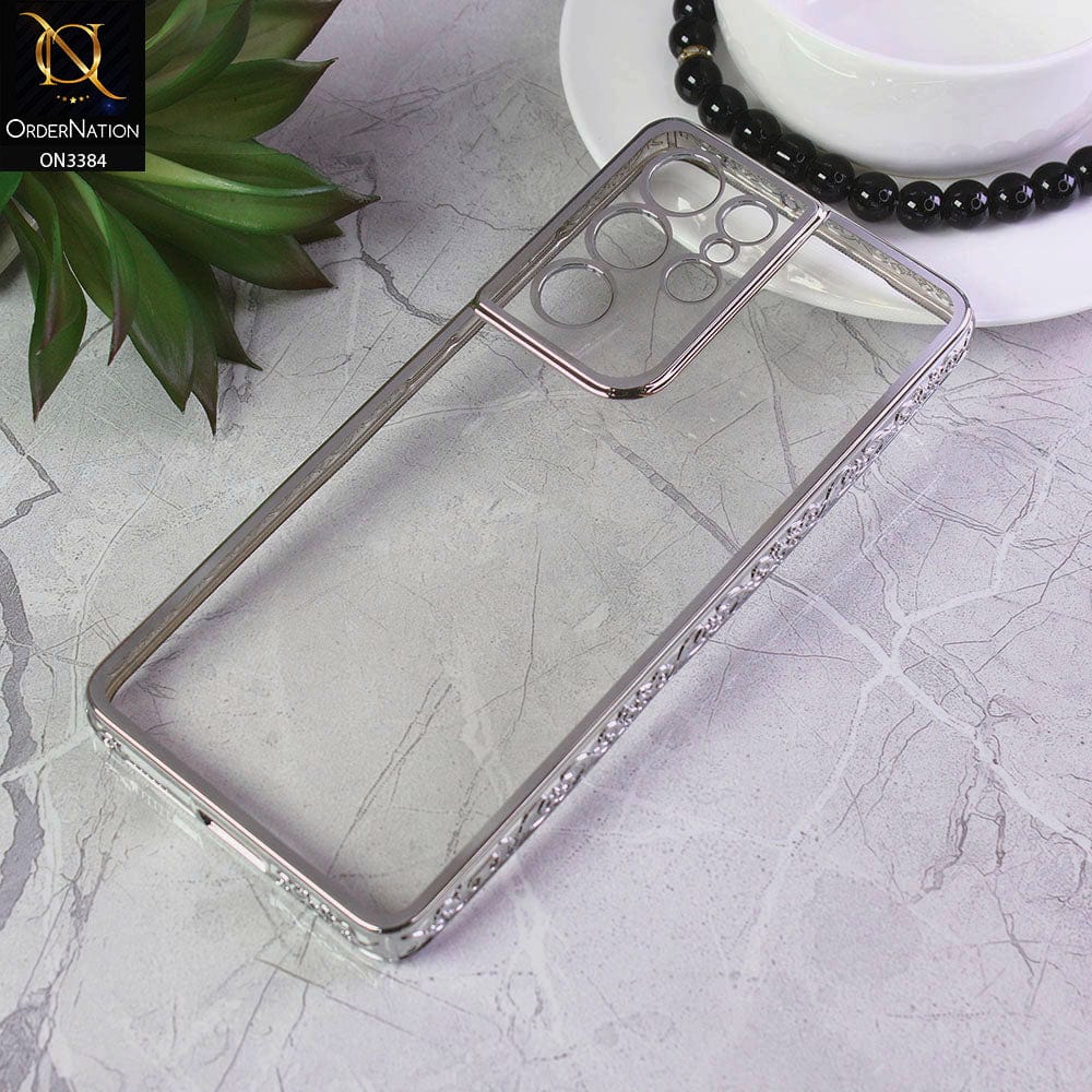 Samsung Galaxy S21 Ultra 5G Cover - Silver - New Electroplated Shiny Borders Soft TPU Camera Protection Clear Case