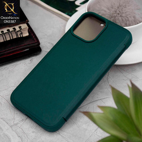 iPhone 13 Pro Max Cover - Green - New Hhumanized Semi Transparent Half Pc Window Soft Leather Flip Case