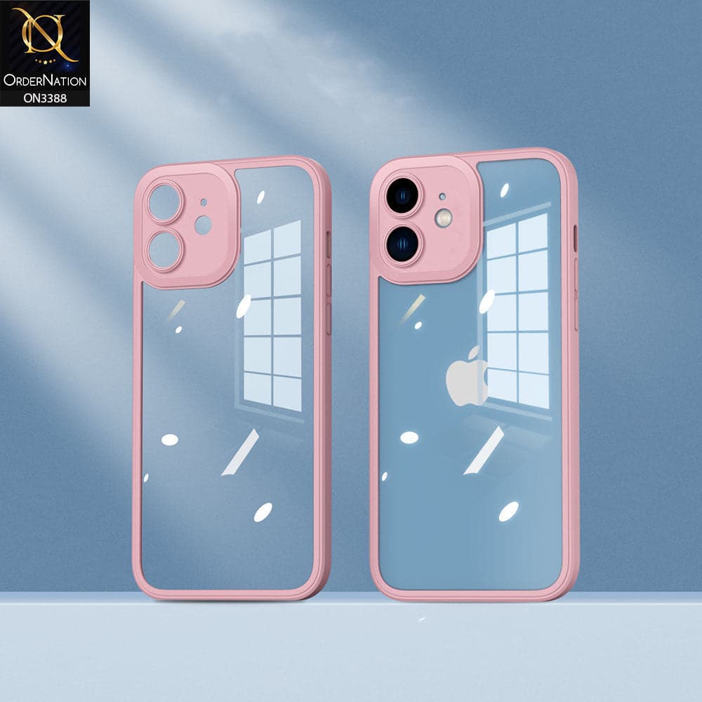 iPhone 12 Cover - Pink - Flat Series PC Transparent Back Shell Soft Color Borders Camera Protection Case