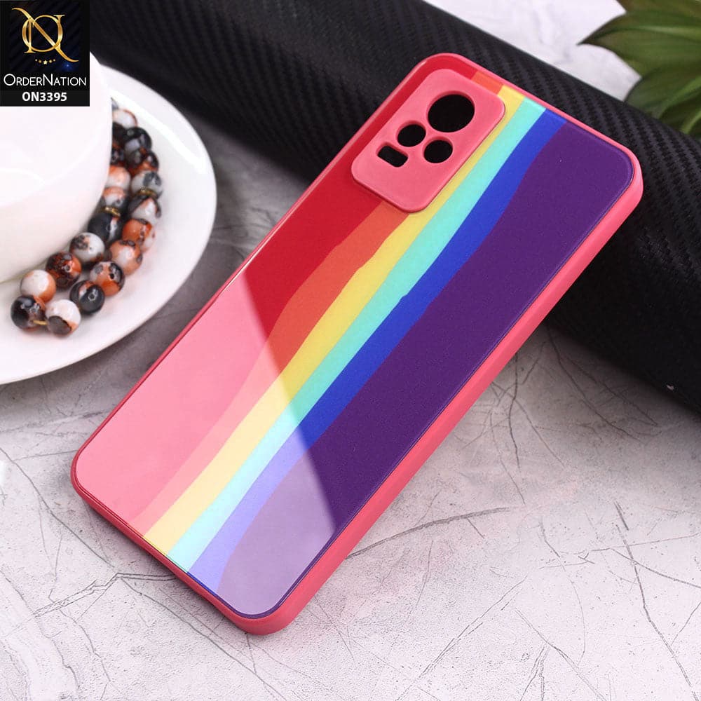 Vivo V21e Cover - Red - New Infinity Rainbow Series Back tempered Glass Soft Borders Case With Camera Protection